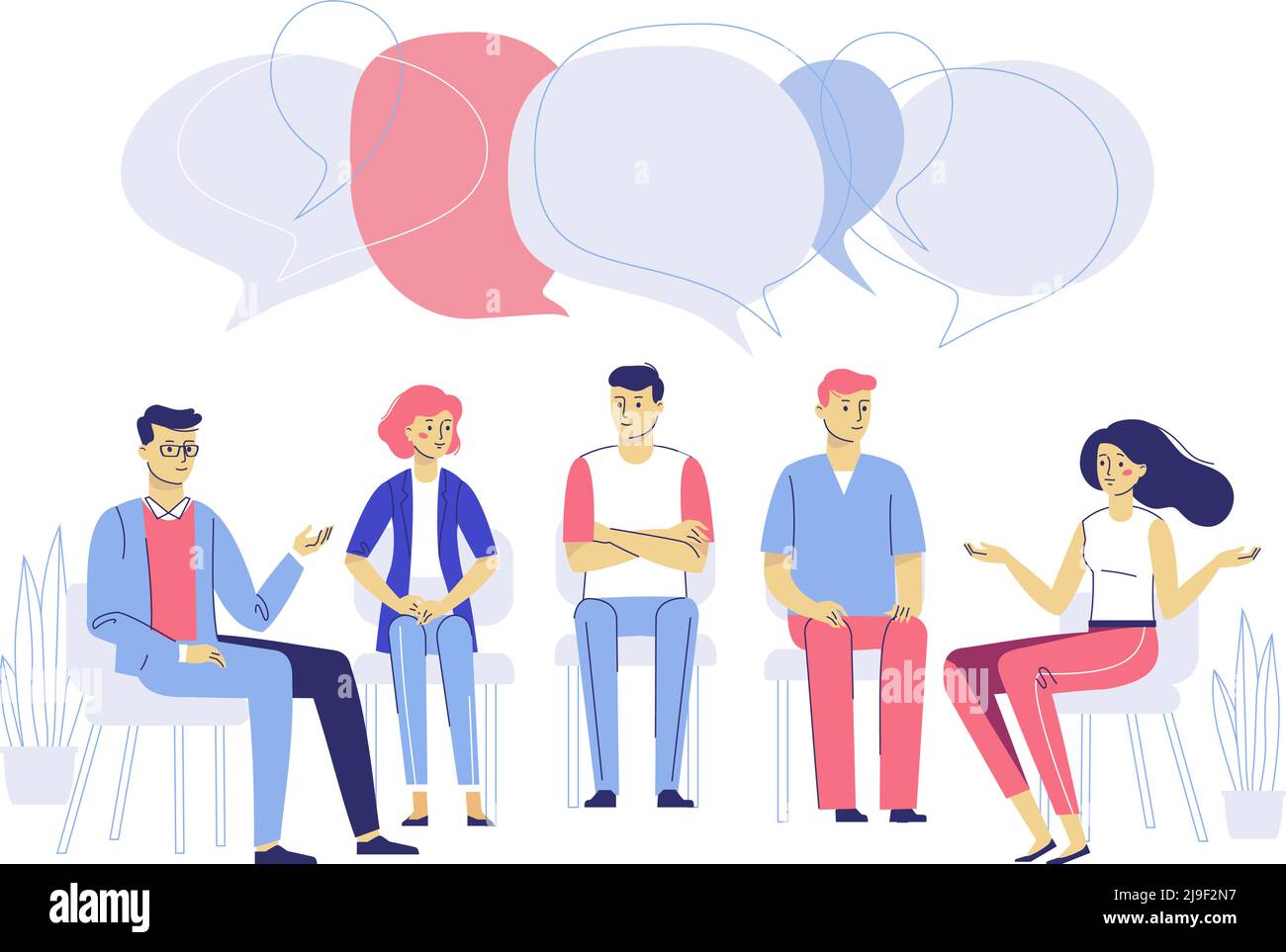 Psicologa e giovani pazienti di sesso maschile e femminile in terapia. Trattamento dello stress, delle dipendenze e dei problemi mentali. Illustrazione Vettoriale