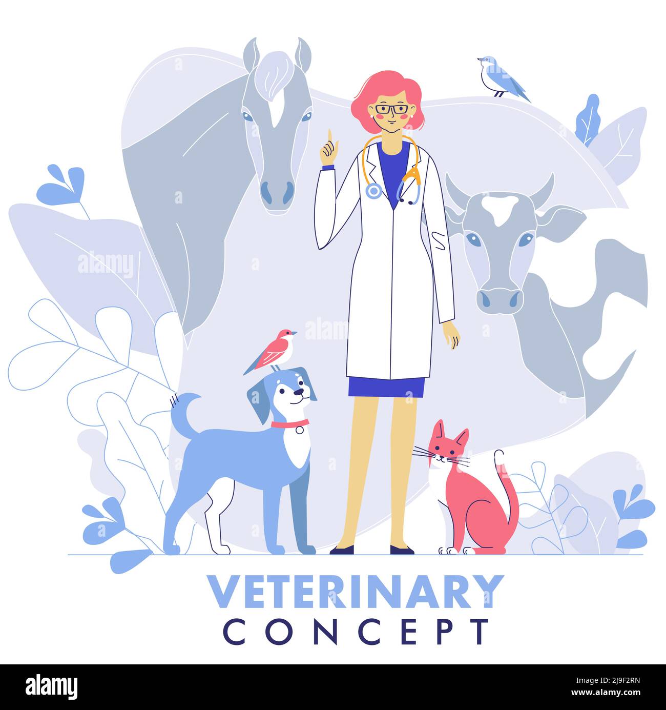 Giovane veterinario donna in piedi insieme con gatto, cane, mucca, cavallo, uccelli. Assistenza sanitaria, trattamento medico, prevenzione e immunizzazione di animali domestici. Illustrazione Vettoriale