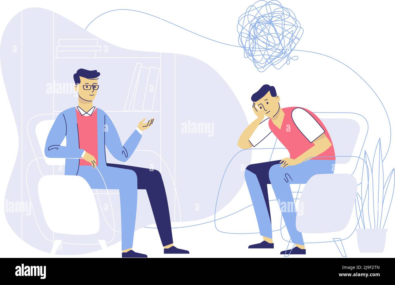Psicologo e giovane paziente in terapia. Trattamento dello stress, delle dipendenze e dei problemi mentali. Illustrazione Vettoriale