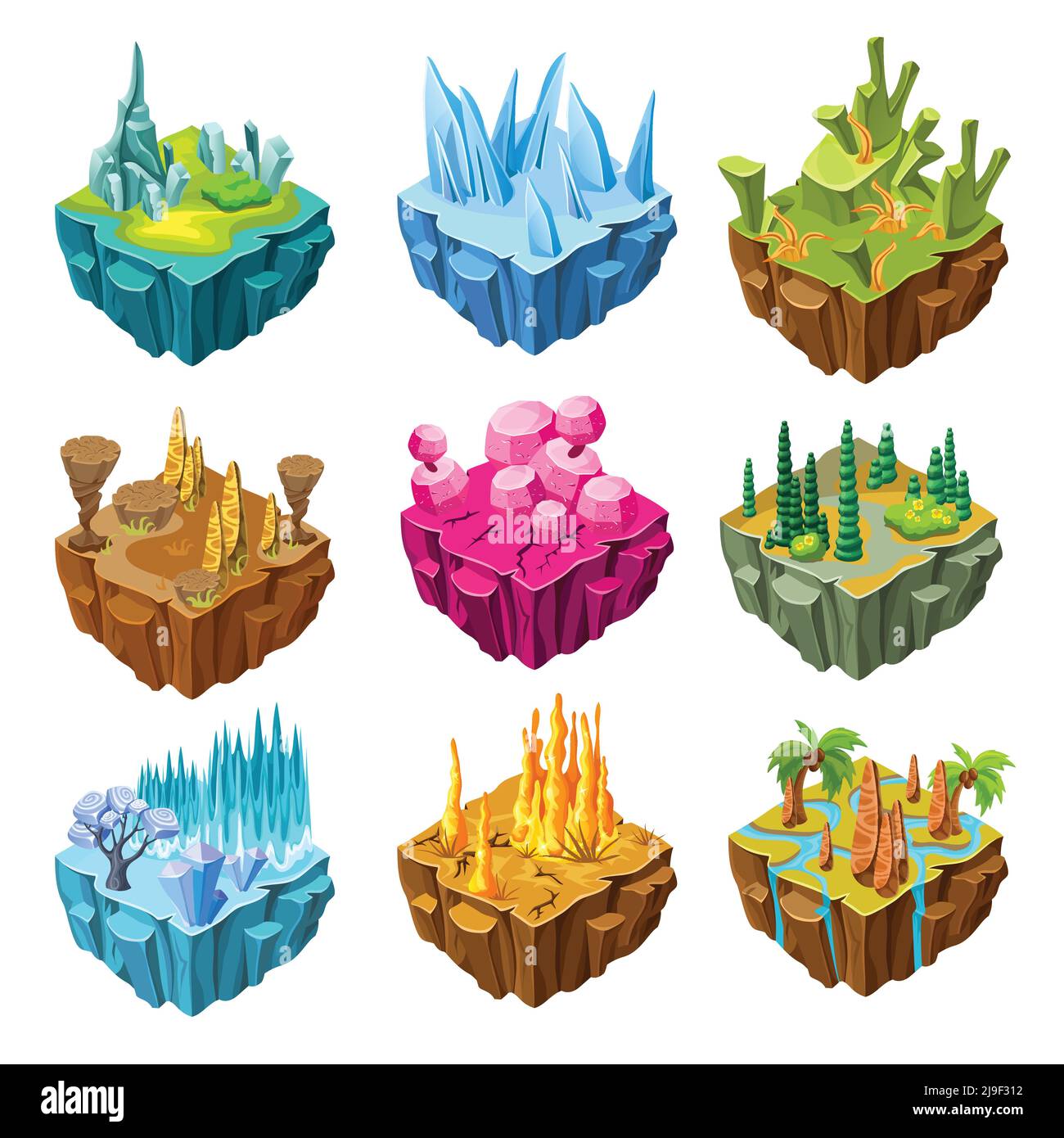 Isolette di gioco colorate isometriche con cristalli palude foresta desertica rocce di ghiaccio paesaggi tropicali isolato vettore illustrazione Illustrazione Vettoriale