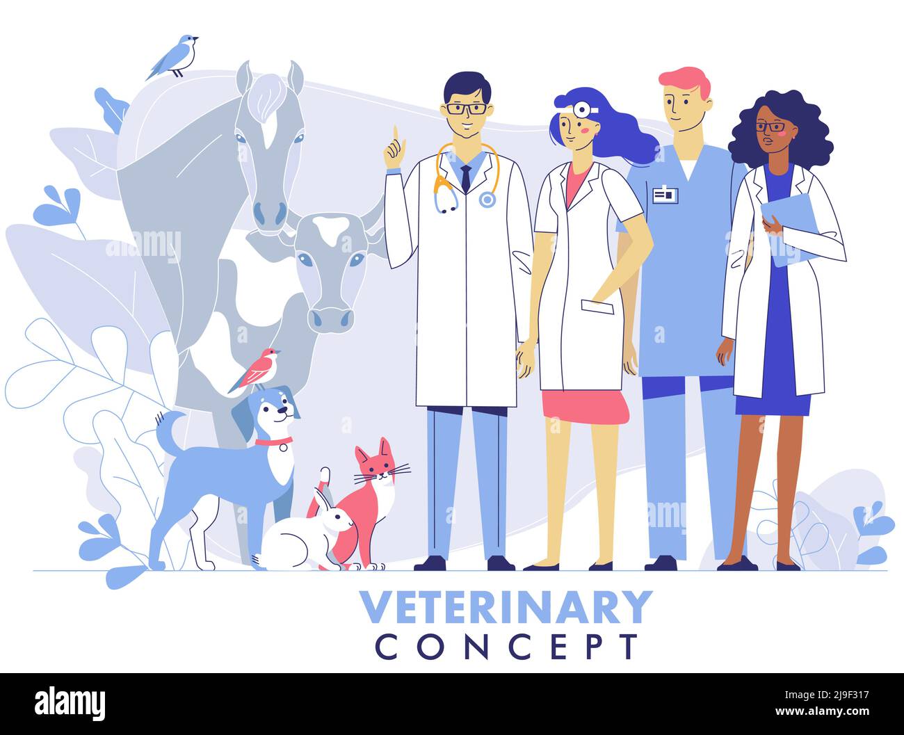 Giovane veterinario uomo e donna in piedi con gatto, cane, vacca, cavallo, coniglio, uccelli. Assistenza sanitaria, trattamento medico, prevenzione e immunizzazione o Illustrazione Vettoriale