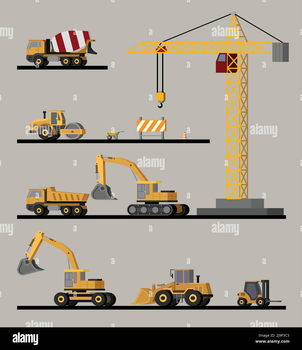 Raccolta veicoli da costruzione con gru asfaltatrice escavatori bulldozer carriola carrello elevatore betoniera e autocarri pesanti vettore isolato il Illustrazione Vettoriale