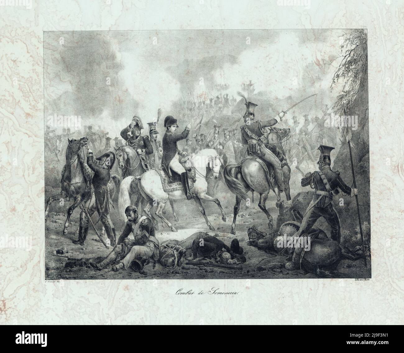 Incisione della Battaglia di Somosierra. Guerre Napoleoniche. 1821-1836, di Francis Grenier (1793-1867). La battaglia di Somosierra si è svolta il 30 novembre Foto Stock