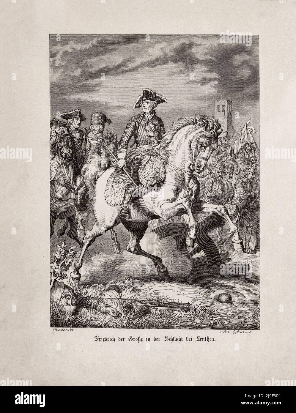 Storia della guerra dei sette anni: Federico il Grande nella battaglia di Leuthen. (1757) Federico II (in tedesco: Federico II; 1712 – 1786) fu re di Pru Foto Stock