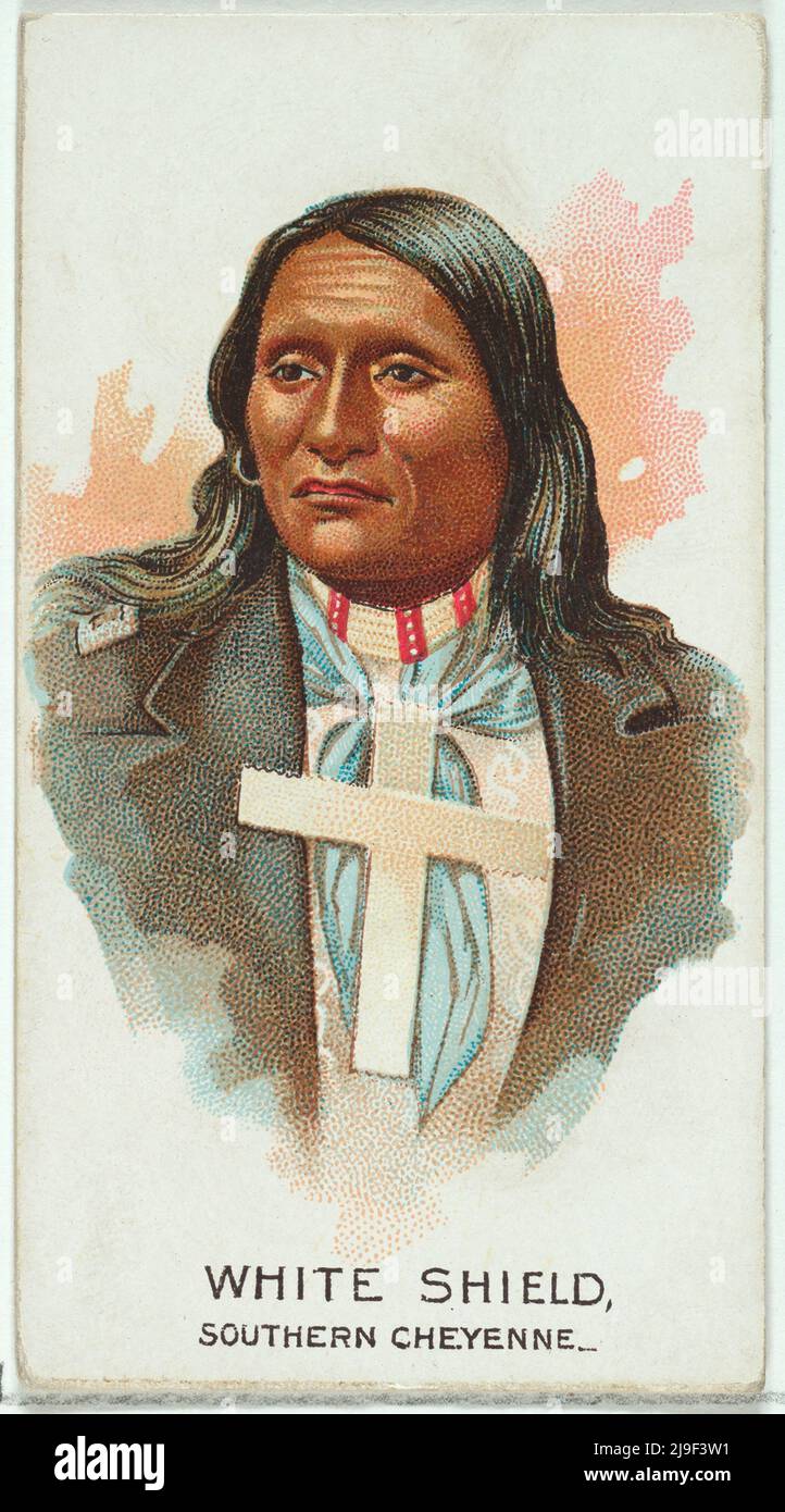 Vintage trade card of White Shield, Southern Cheyenne, della serie americana Indian Chiefs (N2) per Allen & Ginter Cigarettes Brands 1888 Trade car Foto Stock
