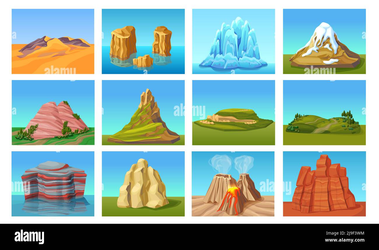 Paesaggi di montagna Cartoon con colline desertiche cime verdi pietre rocce in acqua ghiaccio monti vulcani isolato vettore illustrazione Illustrazione Vettoriale