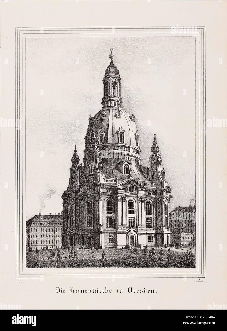 Incisione del 19th secolo di Dresda Frauenkirche. La Frauenkirche di Dresda (in tedesco: Dresdner Frauenkirche, Chiesa di nostra Signora) è una chiesa luterana situata in Foto Stock
