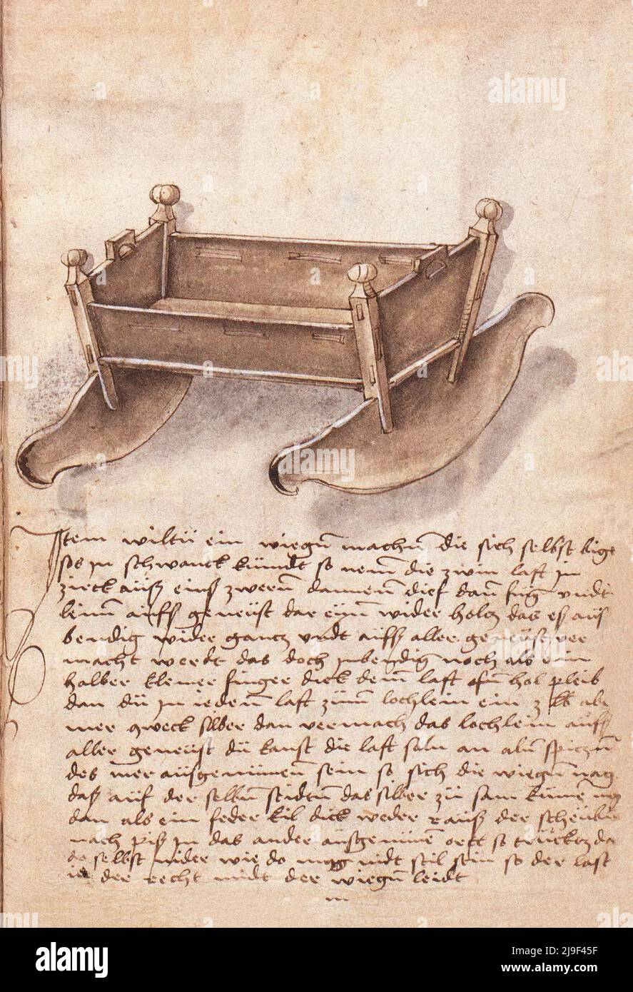 Illustrazione medievale della culla a dondolo. Gli strumenti di Martin Löffelholz (1505) Löffelholtz Codex. Illustrazioni e descrizioni di tutti i tipi di mano Foto Stock