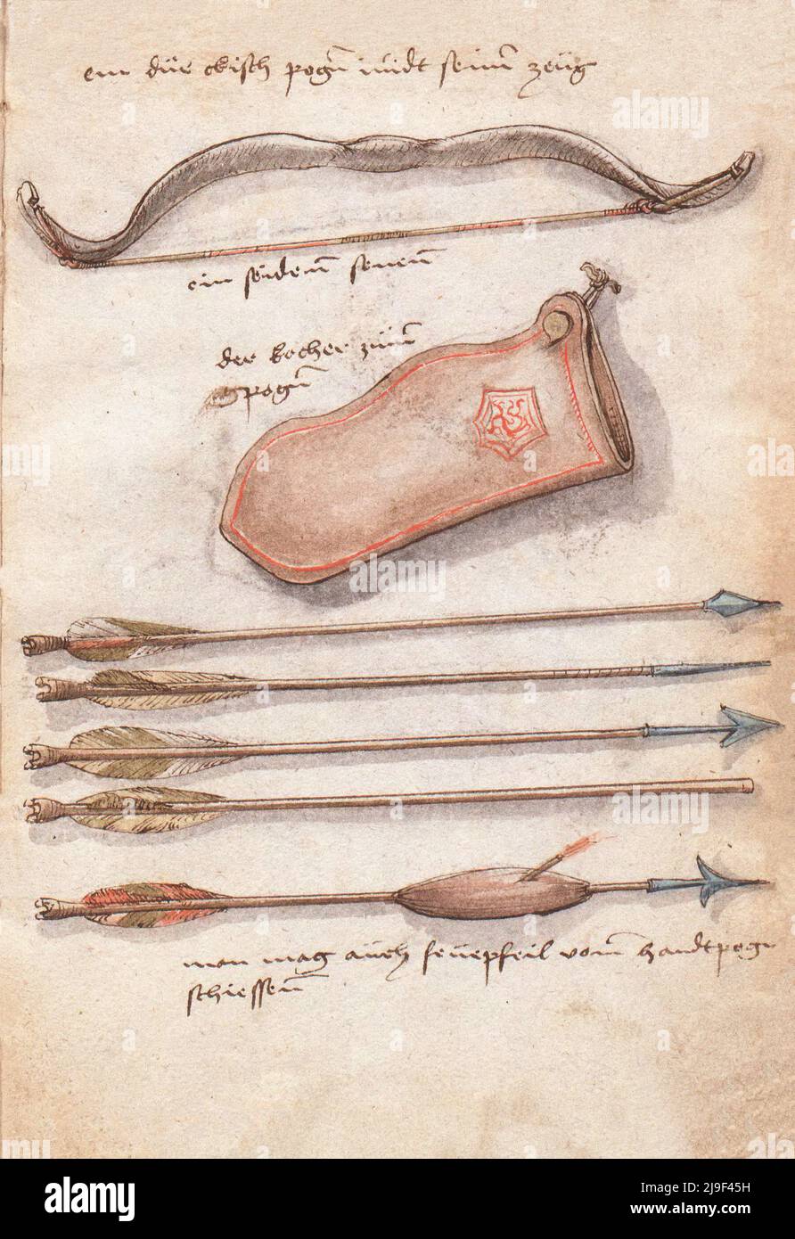 Illustrazione medievale di arco con fremito e diversi tipi di frecce. Gli strumenti di Martin Löffelholz (1505) Löffelholtz Codex. Illustrazioni e des Foto Stock