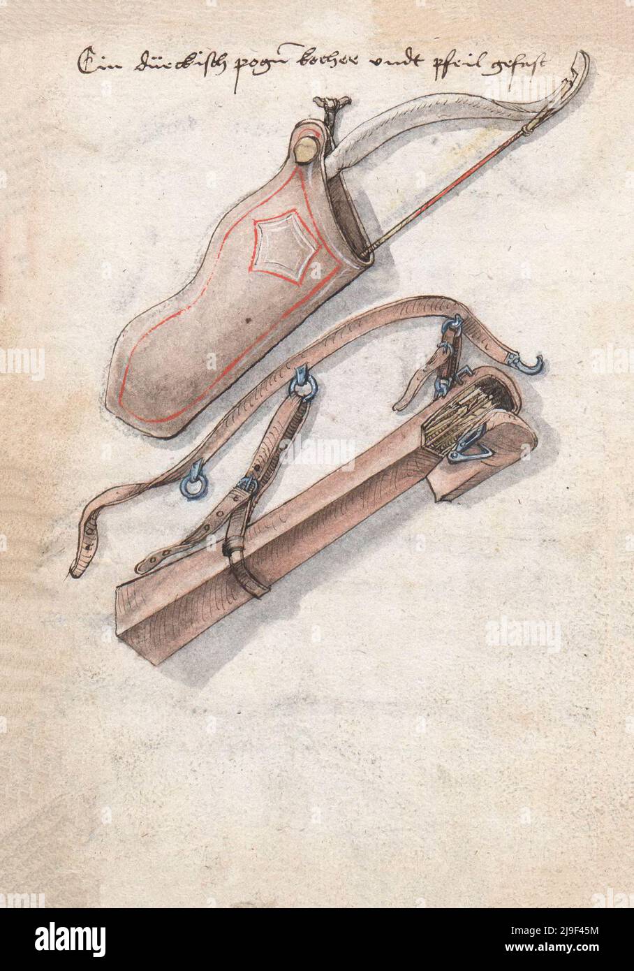 Illustrazione medievale di arco con fremito e frecce in quever. Gli strumenti di Martin Löffelholz (1505) Löffelholtz Codex. Illustrazioni e descrizioni Foto Stock