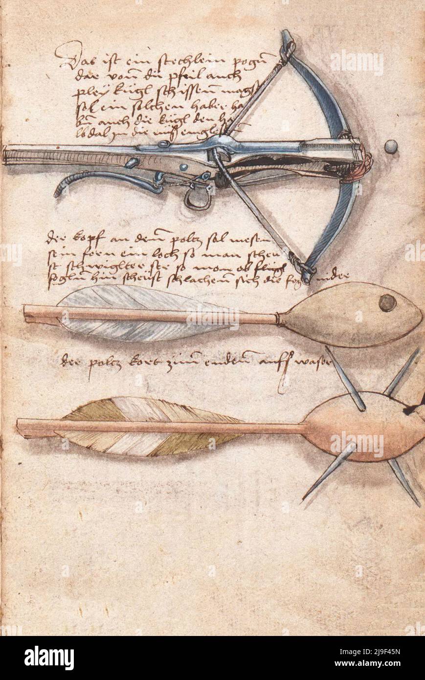 Illustrazione medievale di balestra e diversi tipi di frecce a balestra. Gli strumenti di Martin Löffelholz (1505) Löffelholtz Codex. Illustrazioni e d Foto Stock