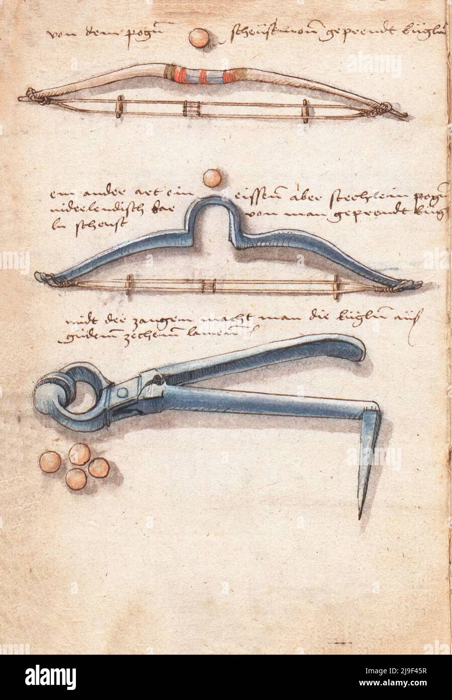Illustrazione medievale di archi a balestra. Gli strumenti di Martin Löffelholz (1505) Löffelholtz Codex. Illustrazioni e descrizioni di tutti i tipi di mano t Foto Stock