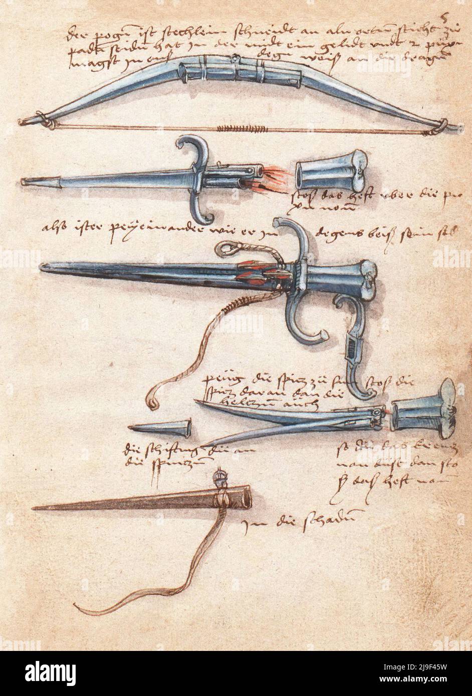 Illustrazione medievale di pugnali e prua. Gli strumenti di Martin Löffelholz (1505) Löffelholtz Codex. Illustrazioni e descrizioni di tutti i tipi di mano Foto Stock