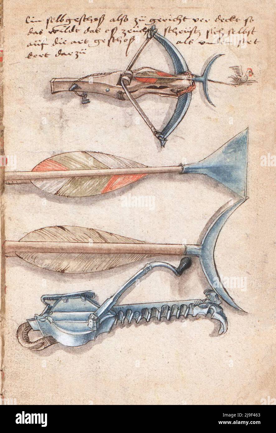 Illustrazione medievale di balestra con bulloni speciali e cranequina in ferro di balestra. Gli strumenti di Martin Löffelholz (1505) Löffelholtz Codex. Illustrazione Foto Stock