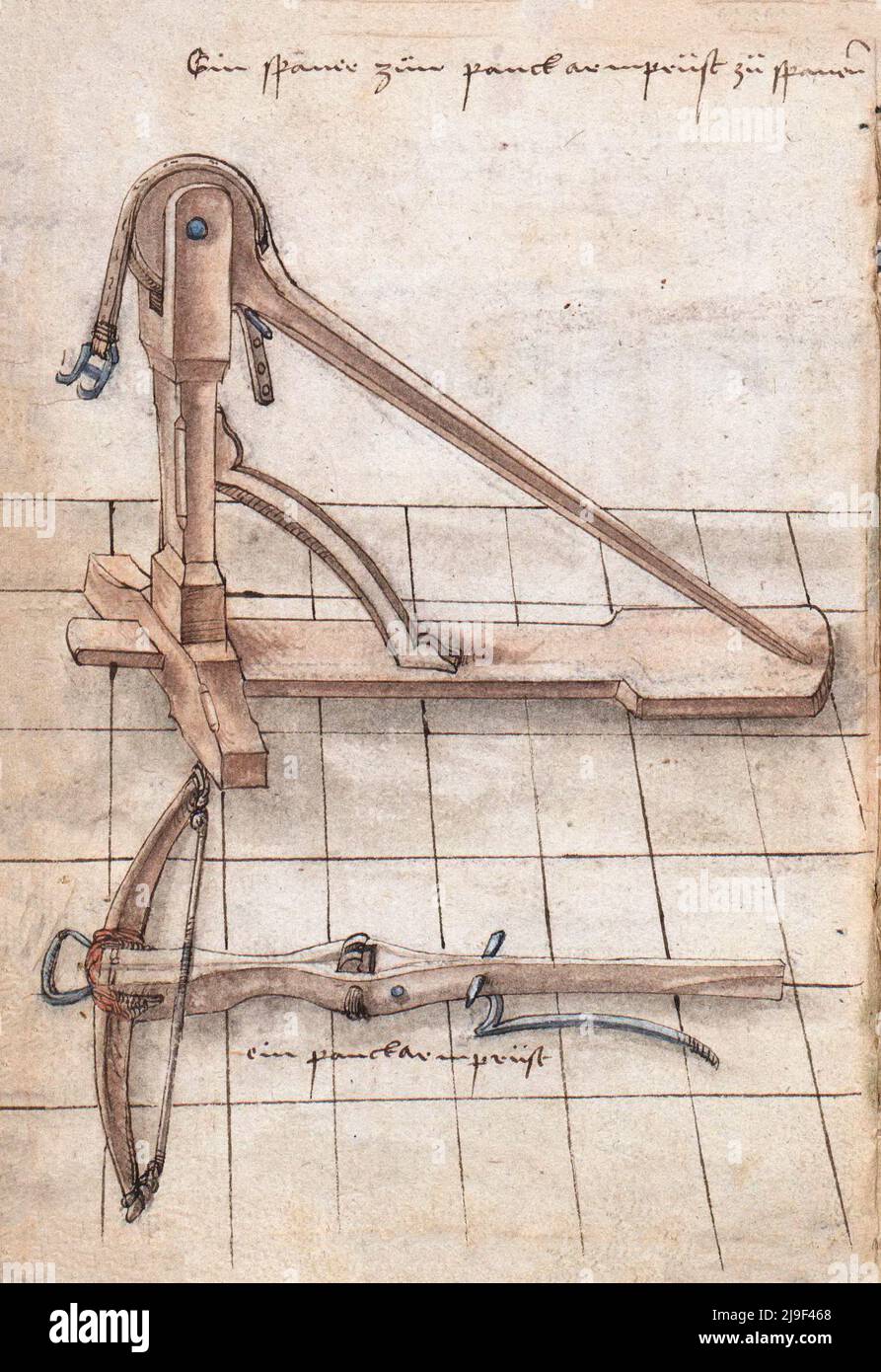 Illustrazione medievale dei meccanismi di attraversamento a balestra e a balestra (leva del caffè). Gli strumenti di Martin Löffelholz (1505) Löffelholtz Codex. Illustrazione Foto Stock