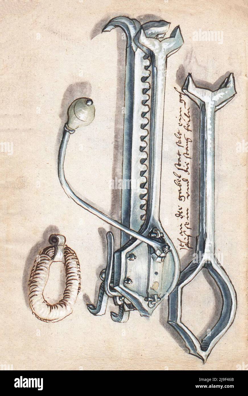 Illustrazione medievale del cranequino di ferro della balestra. Gli strumenti di Martin Löffelholz (1505) Löffelholtz Codex. Illustrazioni e descrizioni di tutti i tipi di sensore Foto Stock