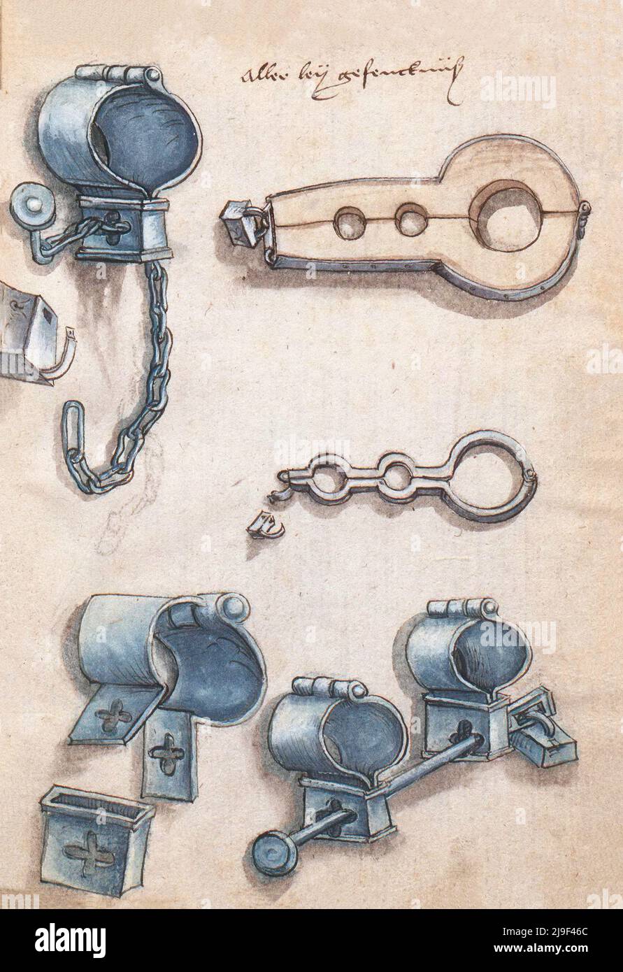 Illustrazione medievale di maniglioni. Gli strumenti di Martin Löffelholz (1505) Löffelholtz Codex. Illustrazioni e descrizioni di tutti i tipi di attrezzi manuali, Foto Stock