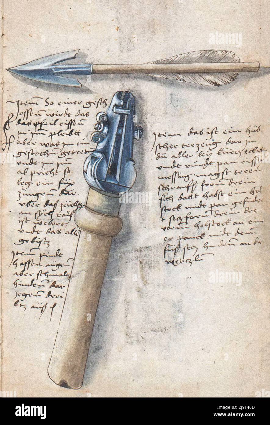 Illustrazione medievale della freccia a croce. Gli strumenti di Martin Löffelholz (1505) Löffelholtz Codex. Illustrazioni e descrizioni di tutti i tipi di mano Foto Stock