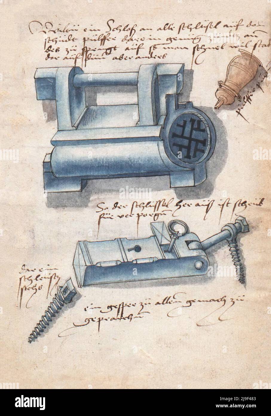 Illustrazione medievale del blocco. Gli strumenti di Martin Löffelholz (1505) Löffelholtz Codex. Illustrazioni e descrizioni di tutti i tipi di attrezzi manuali, INS Foto Stock