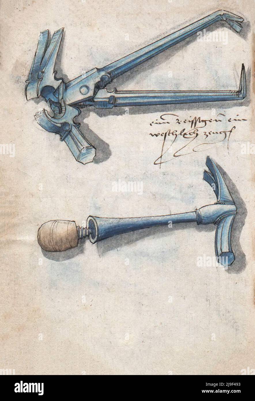 Illustrazione medievale degli attrezzi. Gli strumenti di Martin Löffelholz (1505) Löffelholtz Codex. Illustrazioni e descrizioni di tutti i tipi di attrezzi manuali, in Foto Stock