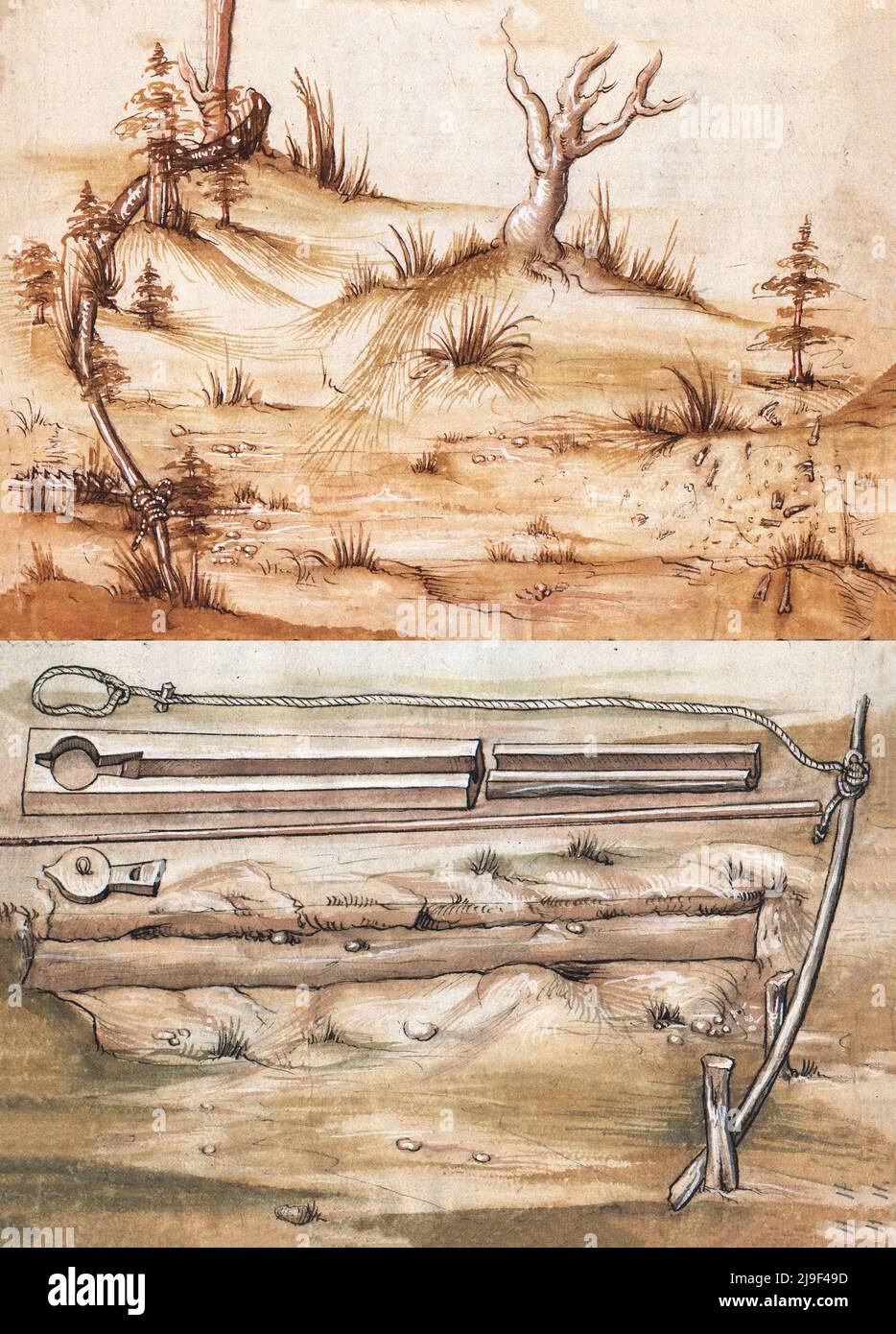 Illustrazione medievale di trappole (arte della guerra). Gli strumenti di Martin Löffelholz (1505) Löffelholtz Codex. Illustrazioni e descrizioni di tutti i tipi di h Foto Stock