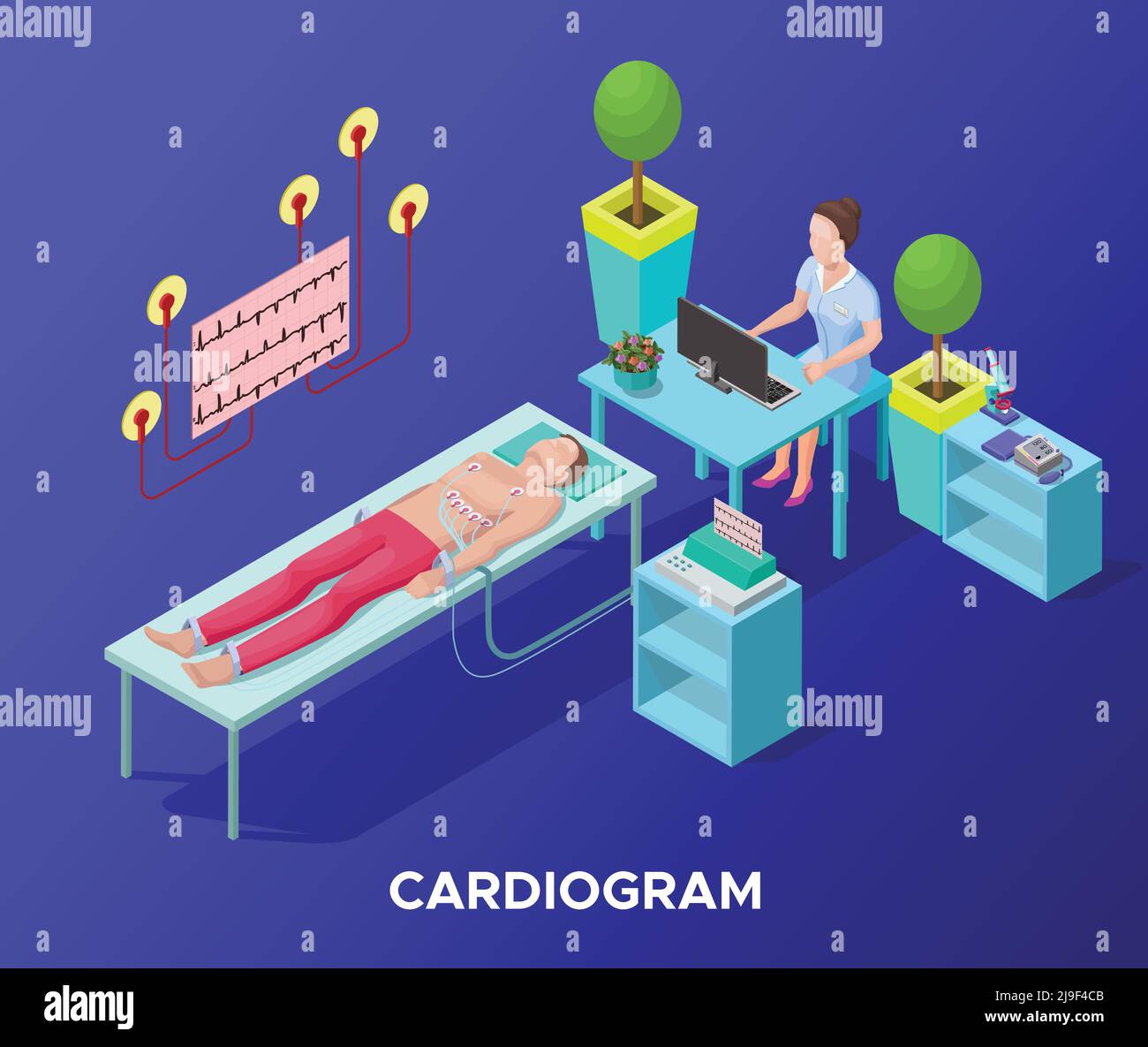 Modello di procedura medica per cardiogramma isometrico con medico seduto al tavolo e il paziente che si trova sul letto nell'illustrazione vettoriale dell'ospedale Illustrazione Vettoriale