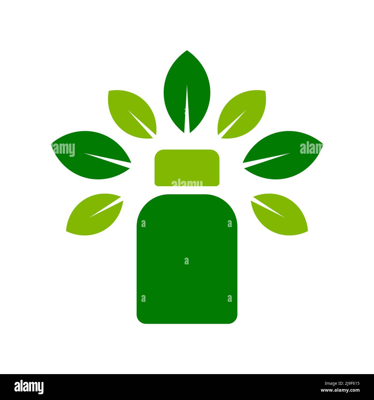 Icona o logo del supplemento nutrizionale. Bottiglia verde di pillola circondata da foglie. Medicina naturale alternativa a base di erbe. Trattamento omeopatia. Vettore Illustrazione Vettoriale