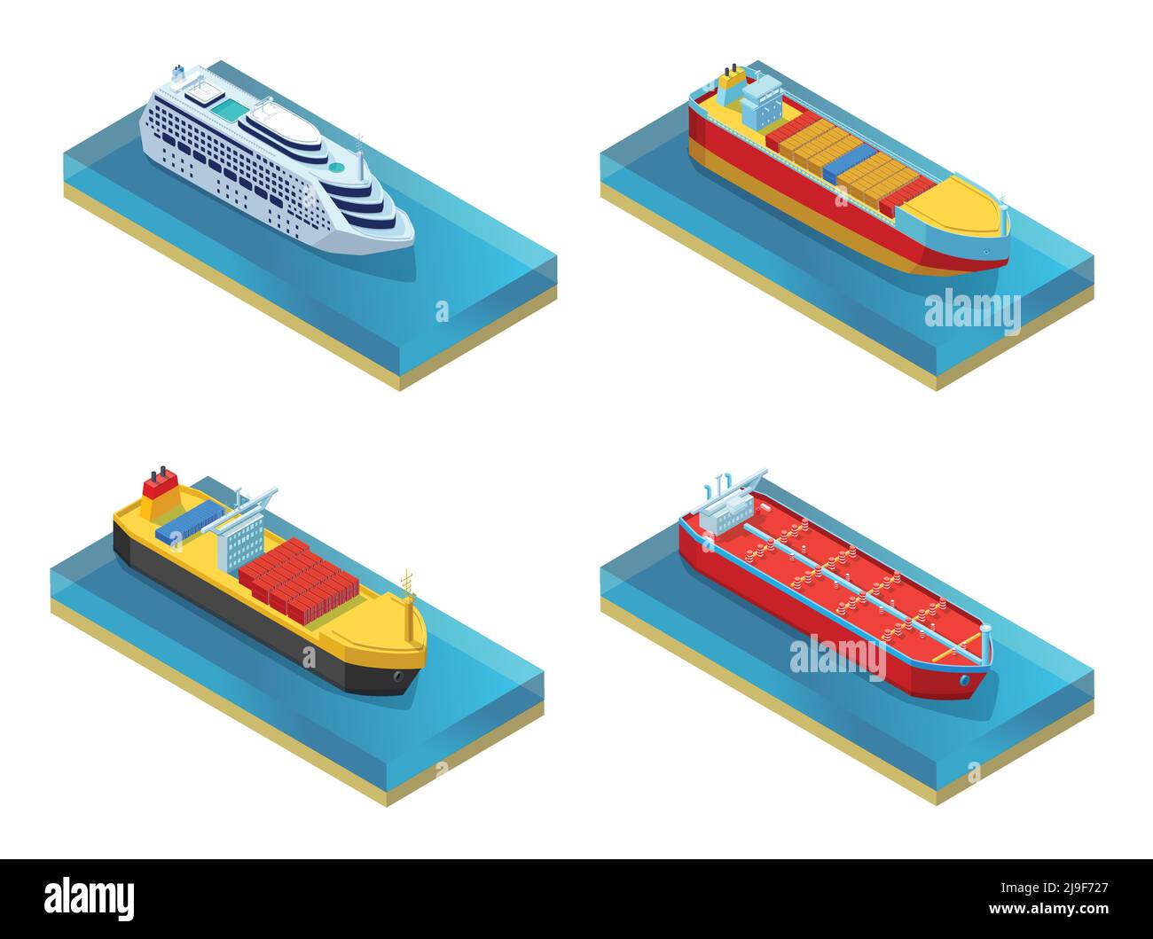 Set per il trasporto in acqua isometrico con traghetto di linea per la crociera illustrazione vettoriale isolata della nave da carico e della petroliera Illustrazione Vettoriale