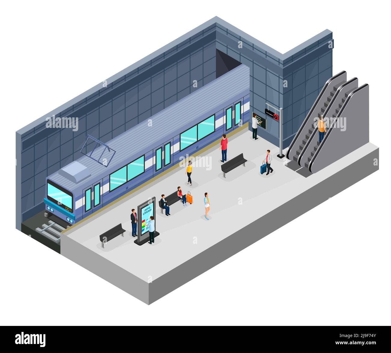 Concetto di stazione della metropolitana isometrica con passeggeri sulla scala mobile del treno a piattaforma informazioni stand e sedili immagine vettoriale isolata Illustrazione Vettoriale