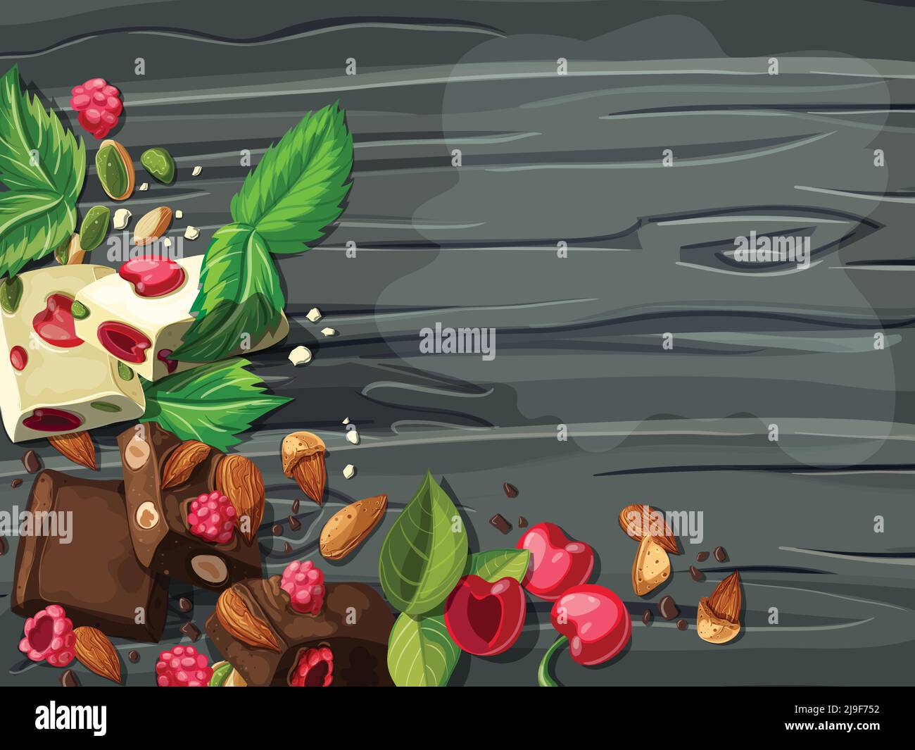 Cartoon bianco e cioccolato al latte con frutta a guscio e frutti di bosco ingredienti su sfondo di legno illustrazione vettoriale Illustrazione Vettoriale