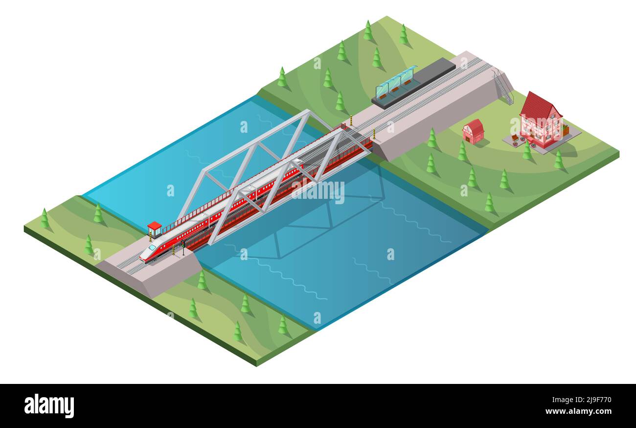 Concetto di treno ad alta velocità per passeggeri isometrico in movimento sul ponte ferroviario attraverso l'illustrazione del vettore isolato dal fiume Illustrazione Vettoriale