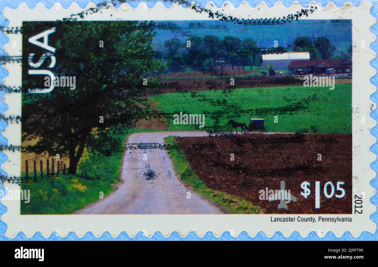 Foto di un francobollo americano da una serie di paesaggi panoramici con un'immagine di Lancaster County Pennsylvania 2012 Foto Stock