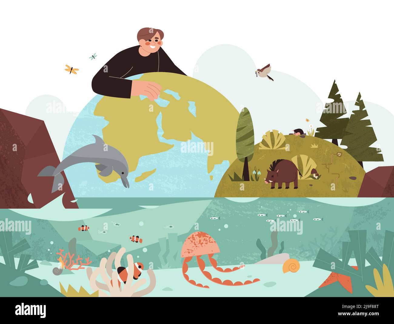 Illustrazione vettoriale piatta della biodiversità e della protezione della natura. L'uomo Ecologista protegge diversi tipi di habitat e specie biologiche di piante, uccelli, animali e la vita marina oceanica sul pianeta terra. Illustrazione Vettoriale