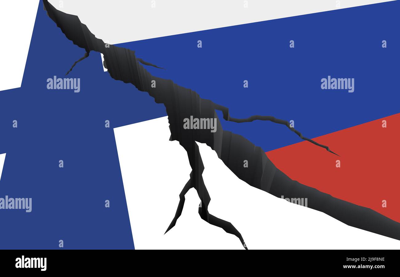Bandiere della Federazione russa e della Finlandia sullo sfondo delle crepe. Crisi nelle relazioni tra paesi. Guerra, sanzioni, conflitti, embargo. 3d Foto Stock