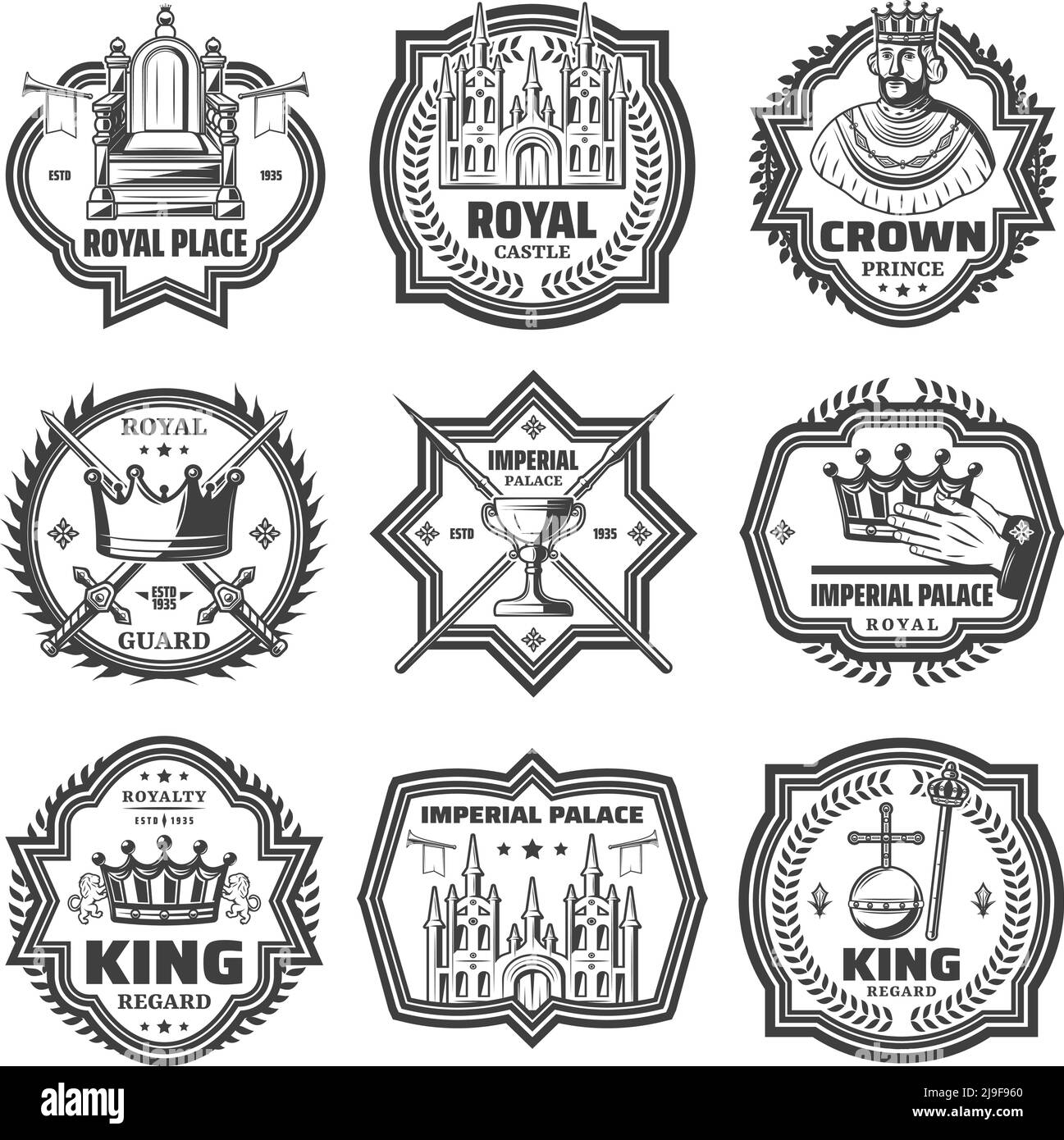 Etichette imperiali monocromatiche d'epoca con il re tromba reale del trono riguarda lance spada palazzo isolato vettore illustrazione Illustrazione Vettoriale