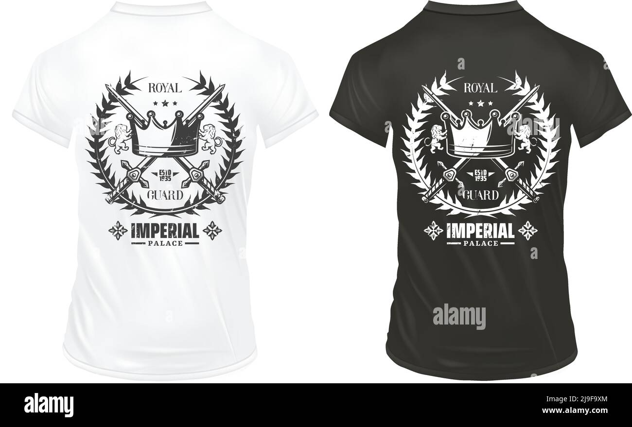 Vintage stampe imperiali concetto con iscrizione corona reale attraversata spade laurel corona su camicie isolato vettore illustrazione Illustrazione Vettoriale