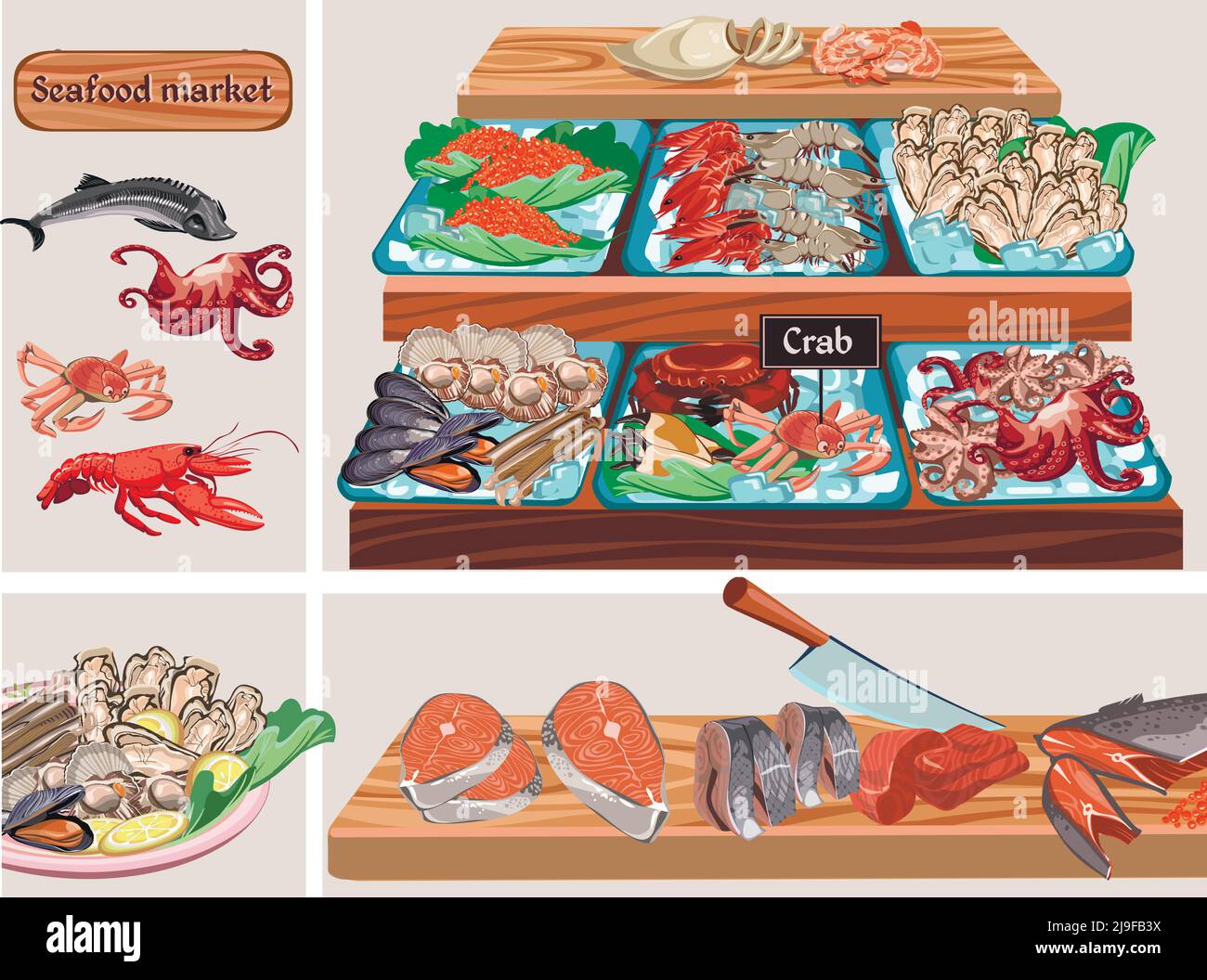 Composizione di mercato di pesce piatto con caviale di aragosta di polpo di storione cozze gamberi gamberetti calamari capesante zander salmone aringa pesci carne su c Illustrazione Vettoriale