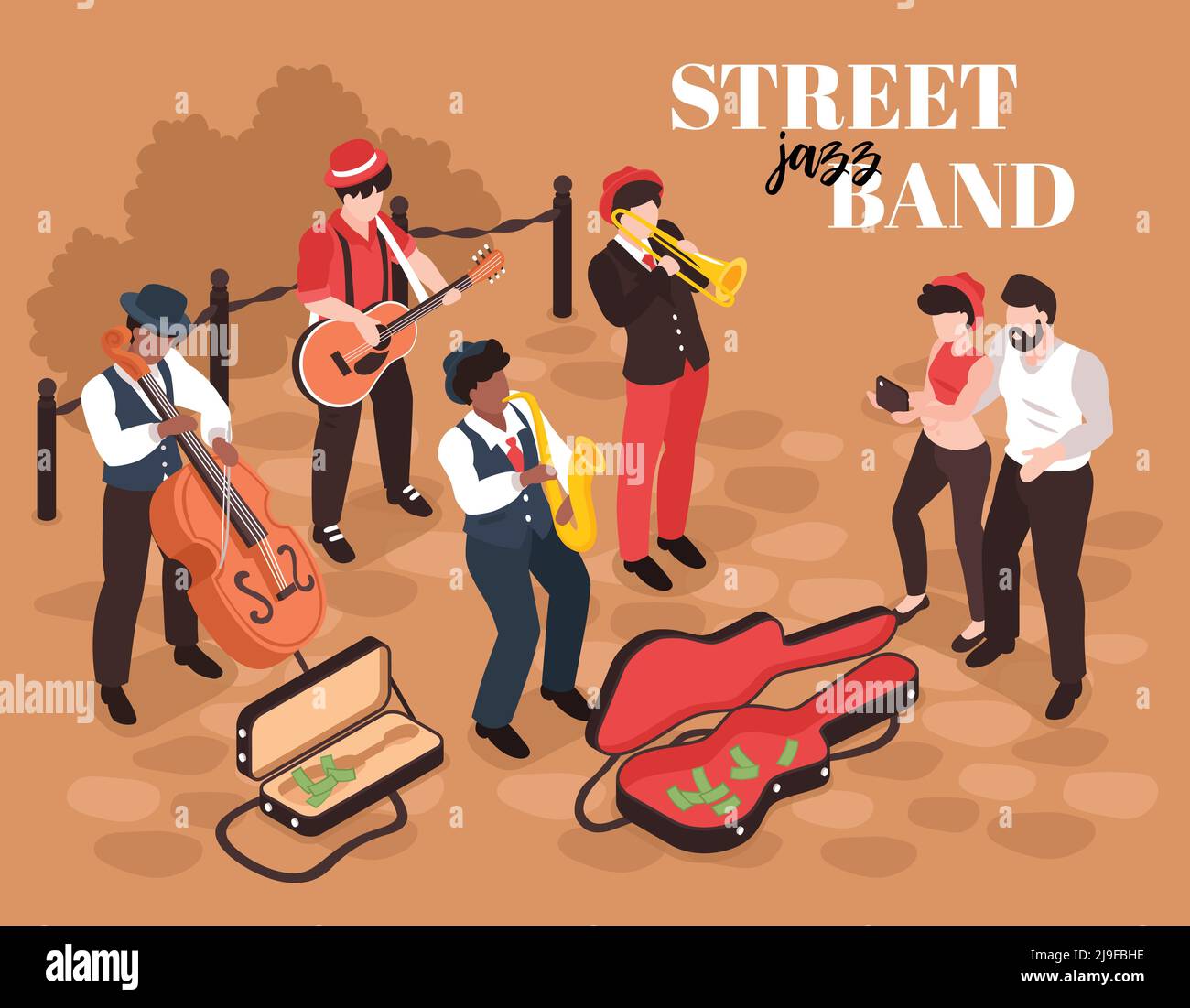 Musicista di strada isometrico composizione di sfondo con personaggi umani di jazz membri di banda con listener e illustrazione vettoriale di testo Illustrazione Vettoriale