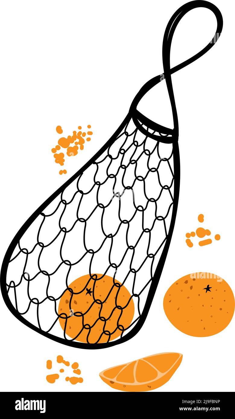 Borsa a griglia disegnata a mano. Ecologia. Sacchetto a rete per frutta e verdura. Sacchetto riutilizzabile. Senza sacchetto di plastica. Illustrazione semplice vettoriale Illustrazione Vettoriale