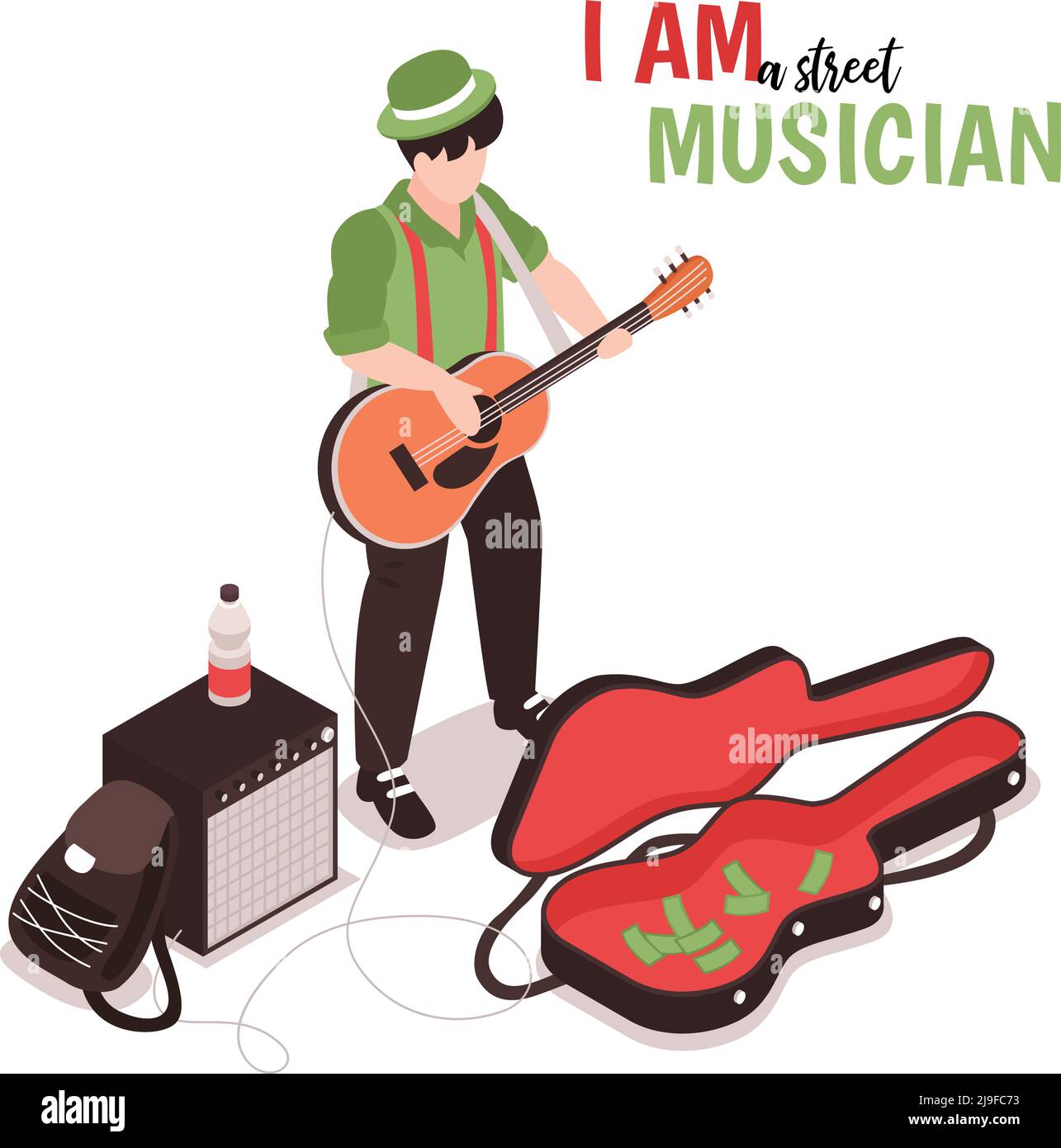 Sfondo musicista di strada isometrico con testo e carattere di doodle maschile di artisti di strada con illustrazione vettoriale di chitarra acustica Illustrazione Vettoriale
