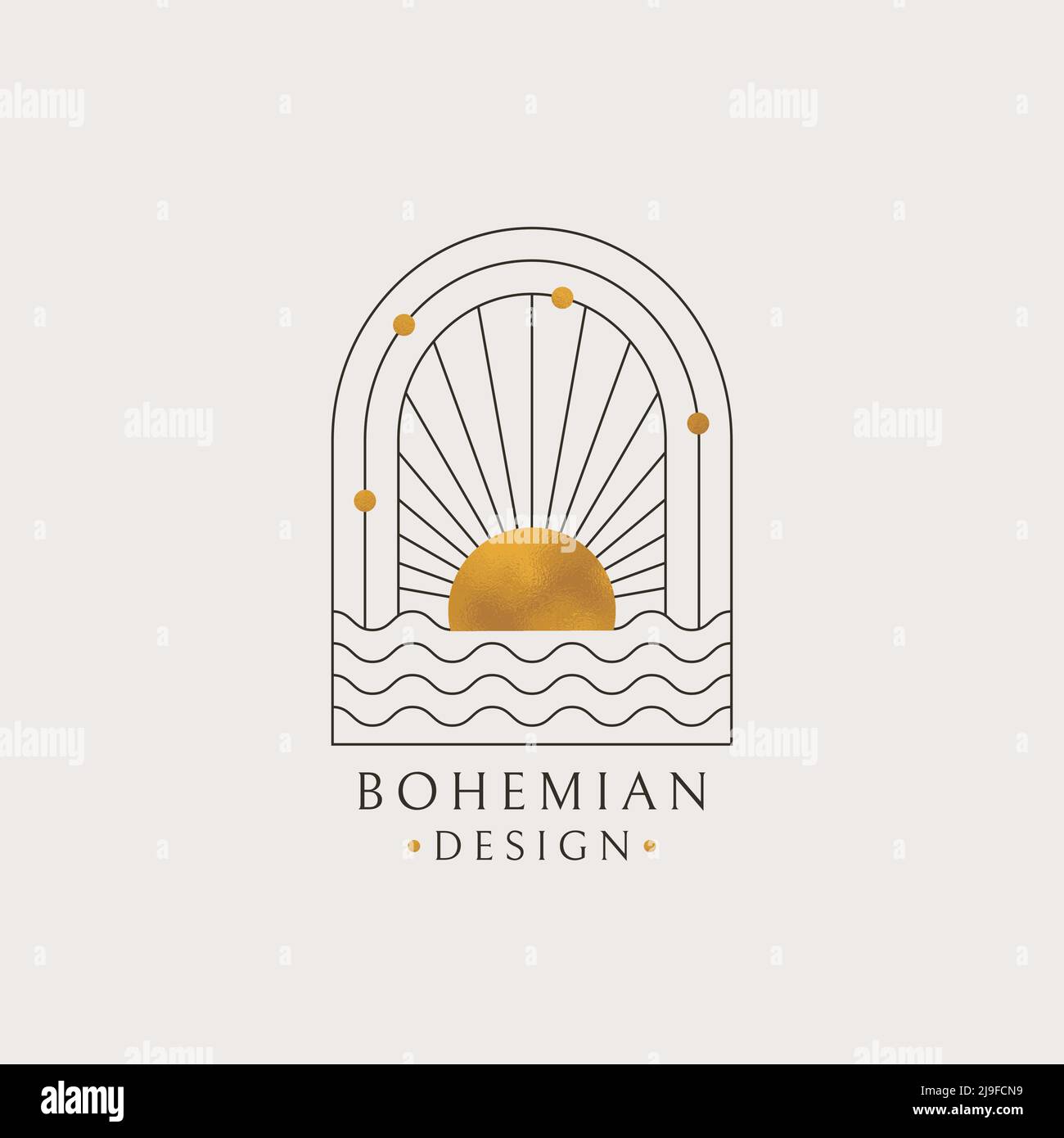 Logo Boho. Disegno bohemien isolato vettoriale con sole e onde oceaniche. Emblema di linea alla moda con texture oro. Illustrazione Vettoriale