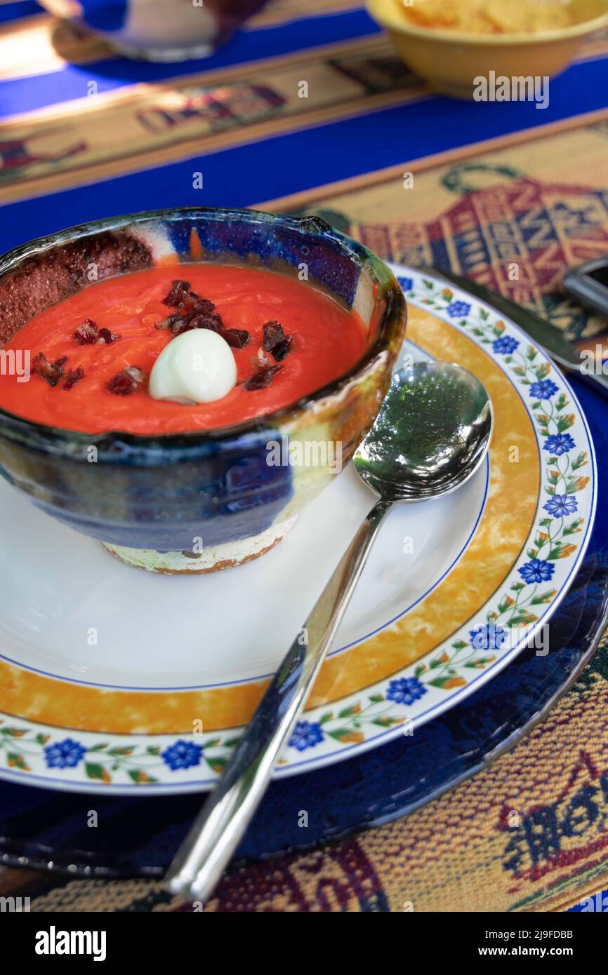 Primo piano di una ciotola di ceramica con salmorejo cordobes spagnolo appena fatto. Zuppa di pomodoro fredda con prosciutto di serrano e uova sode. Messa a fuoco selettiva Foto Stock