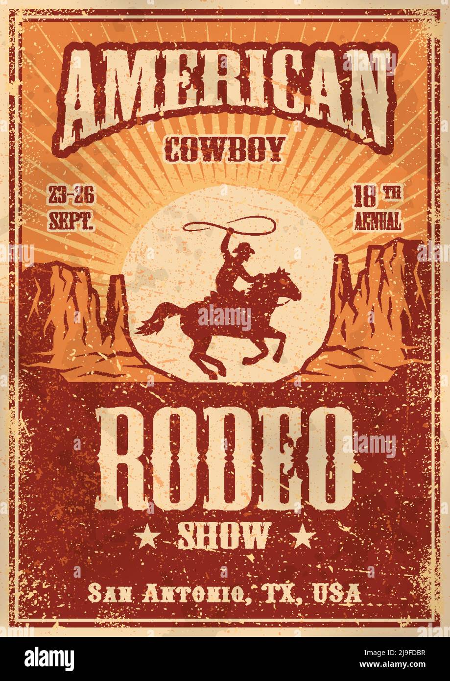 Poster americano rodeo cowboy con tipografia e carta vintage texture Illustrazione Vettoriale