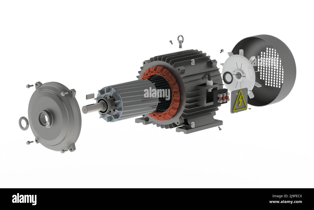 Motore elettrico, vista esplosa 3D con isolamento su sfondo bianco Foto Stock