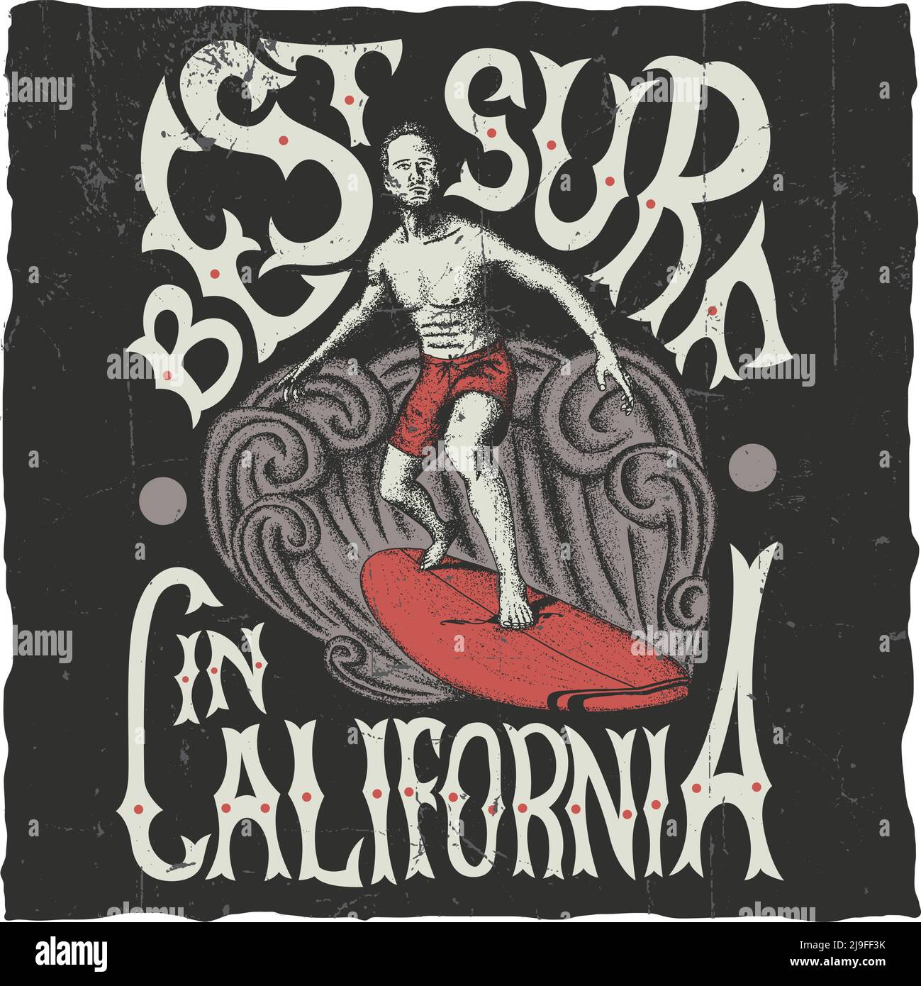Miglior surf in california poster con surfer a bordo vettore illustrazione Illustrazione Vettoriale