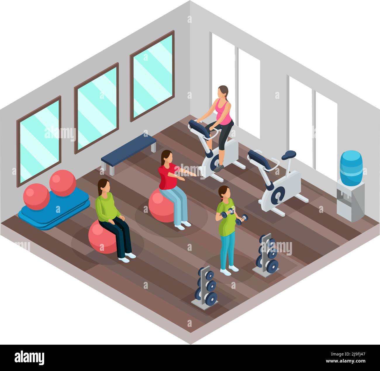 Concetto isometrico di gravidanza e fitness con donne incinte che fanno diverso esercizi sportivi in palestra illustrazione vettoriale isolata Illustrazione Vettoriale