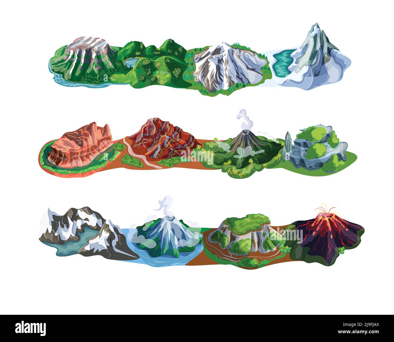 Splendidi paesaggi montani con diversi tipi di picchi vulcanici immagine vettoriale isolata di rocce e montaggi Illustrazione Vettoriale