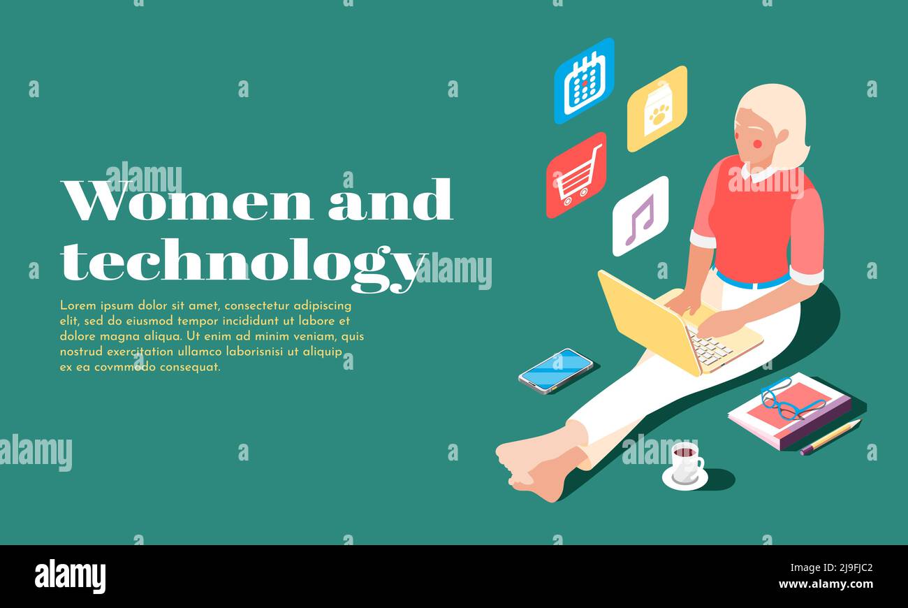 Donne e tecnologia banner isometrico con una persona femminile che usa un computer portatile per l'illustrazione vettoriale degli acquisti online Illustrazione Vettoriale