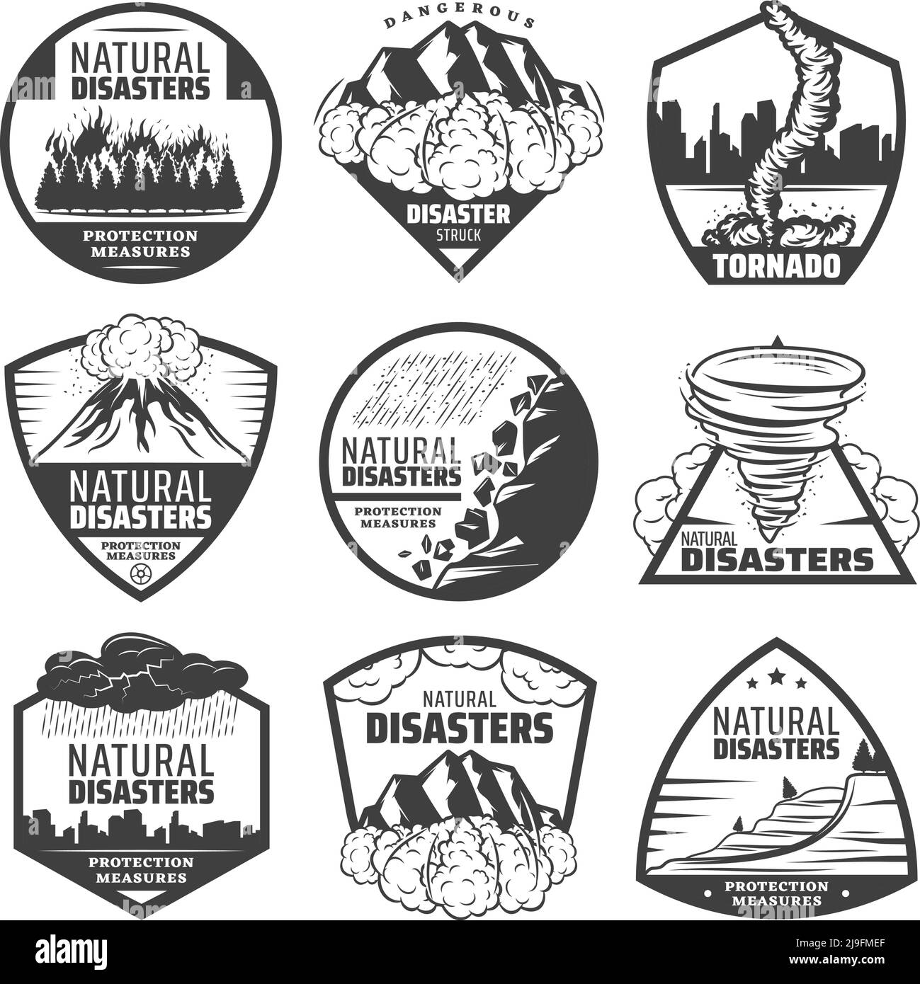 Set di etichette per disastri naturali monocromatiche vintage con frana wildfire valanga eruzione del vulcano tornado temporale pioggia alluvione vettore isolato alluvione Illustrazione Vettoriale