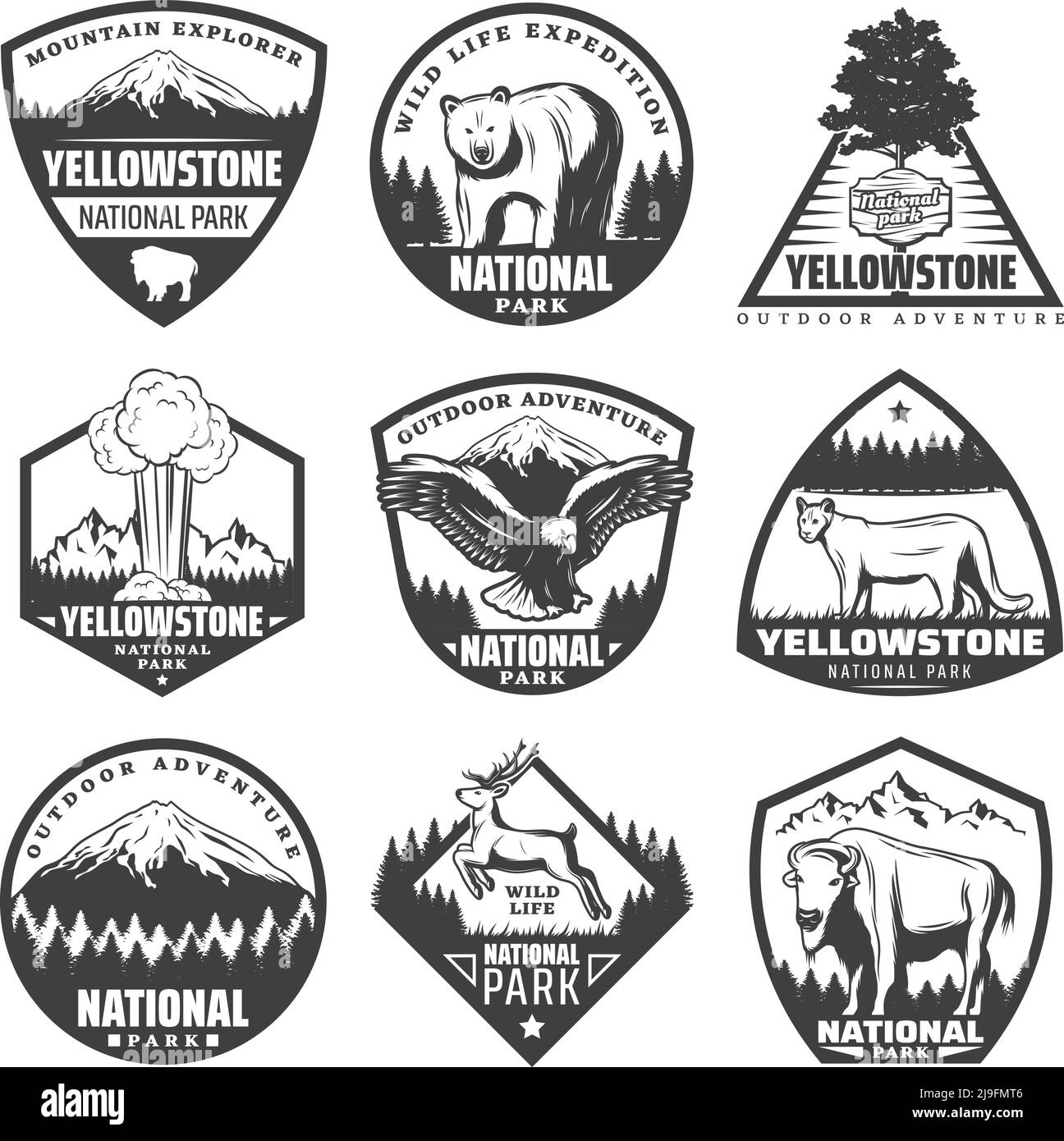 Etichette dei parchi nazionali monocromatiche d'epoca con iscrizioni di animali rari alberi montagne che esplodono geyser isolato vettore illustrazione Illustrazione Vettoriale
